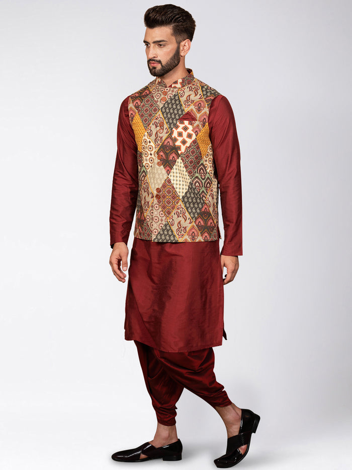 Men's Multi-Color Kurta Jacket Dhoti Set