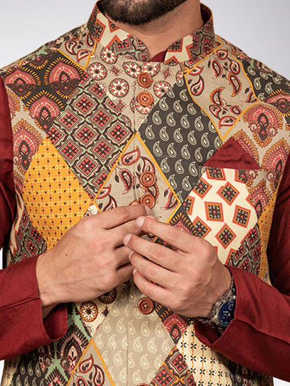 Men's Multi-Color Kurta Jacket Dhoti Set