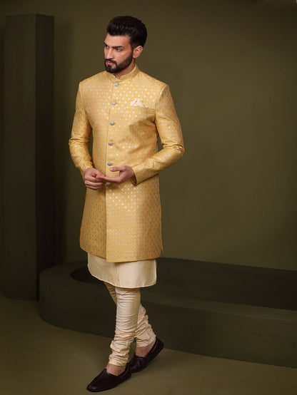 Men's Mustard Indowestern Set With Kurta and Churidar