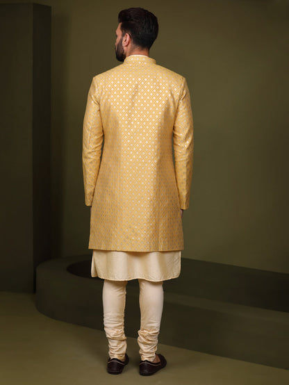 Men's Mustard Indowestern Set With Kurta and Churidar