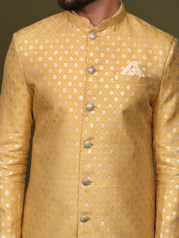 Men's Mustard Indowestern Set With Kurta and Churidar