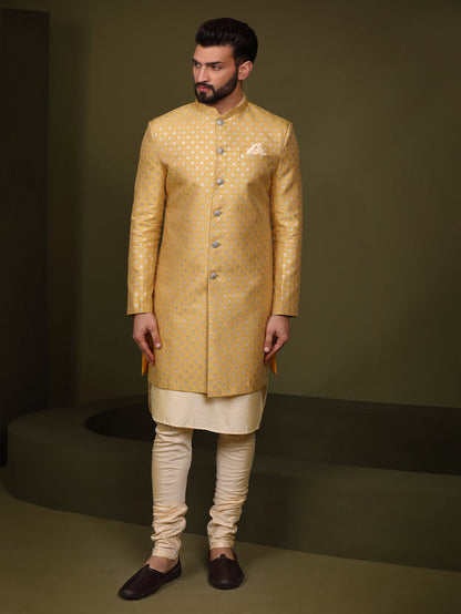Men's Mustard Indowestern Set With Kurta and Churidar