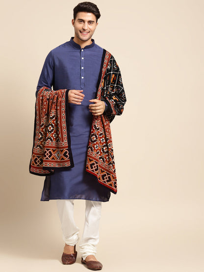Men's Navy Blue Kurta Churidar With Dupatta Set