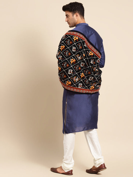 Men's Navy Blue Kurta Churidar With Dupatta Set