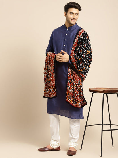 Men's Navy Blue Kurta Churidar With Dupatta Set
