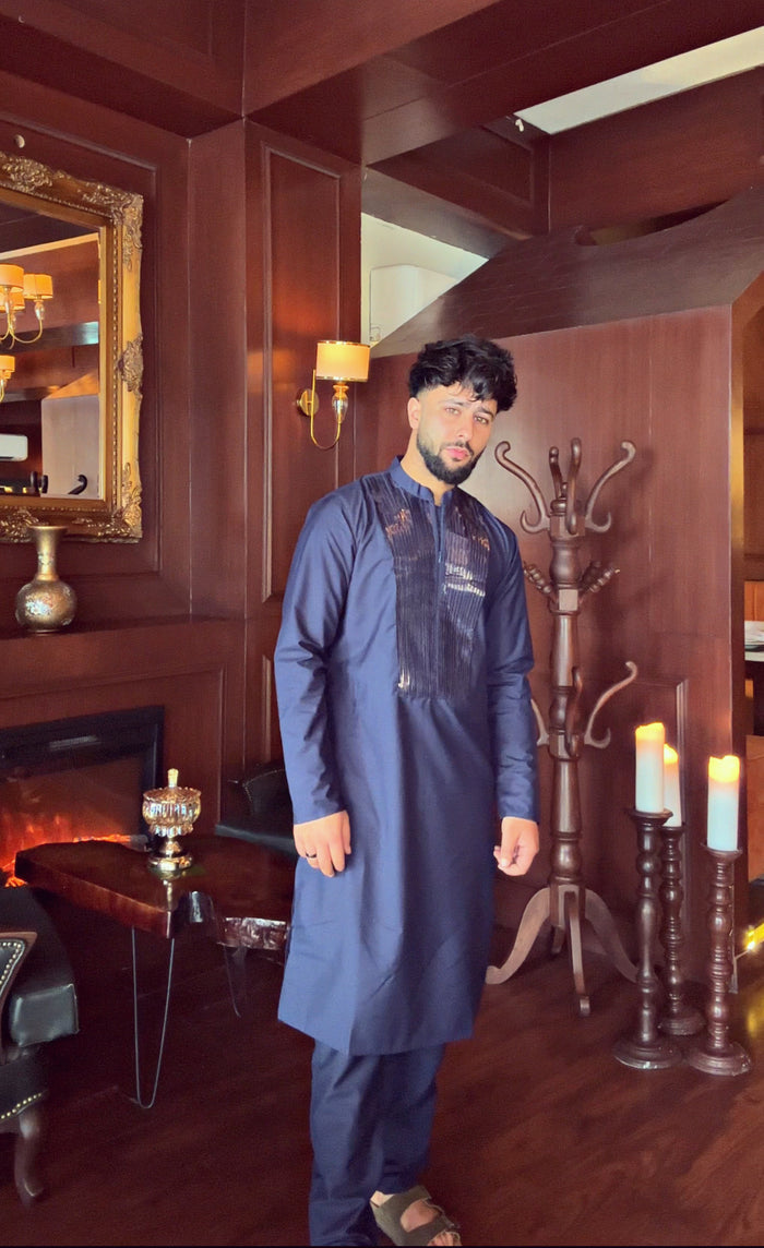 Men's Navy Blue Kurta Trouser Set