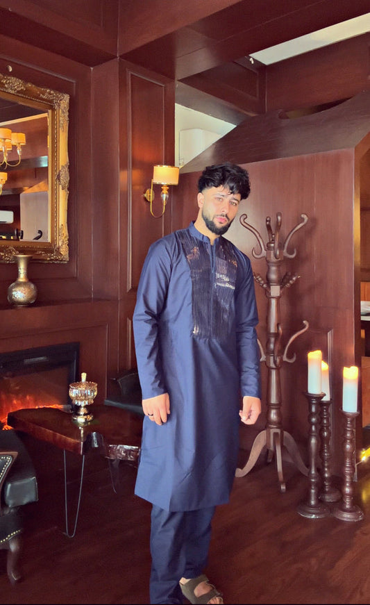 Men's Navy Blue Kurta Trouser Set