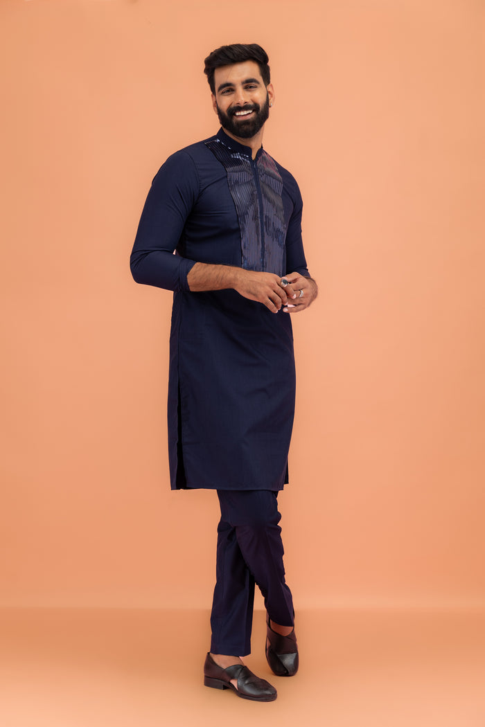 Men's Navy Blue Kurta Trouser Set