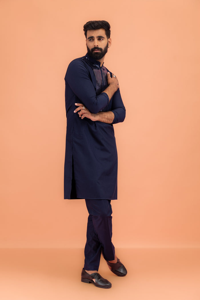 Men's Navy Blue Kurta Trouser Set