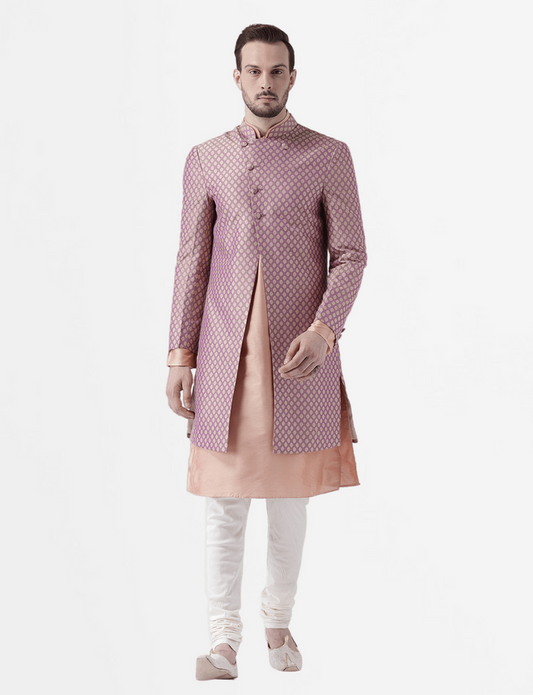 Men's Peach Indowestern Set With Kurta and Churidar