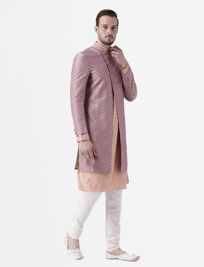 Men's Peach Indowestern Set With Kurta and Churidar