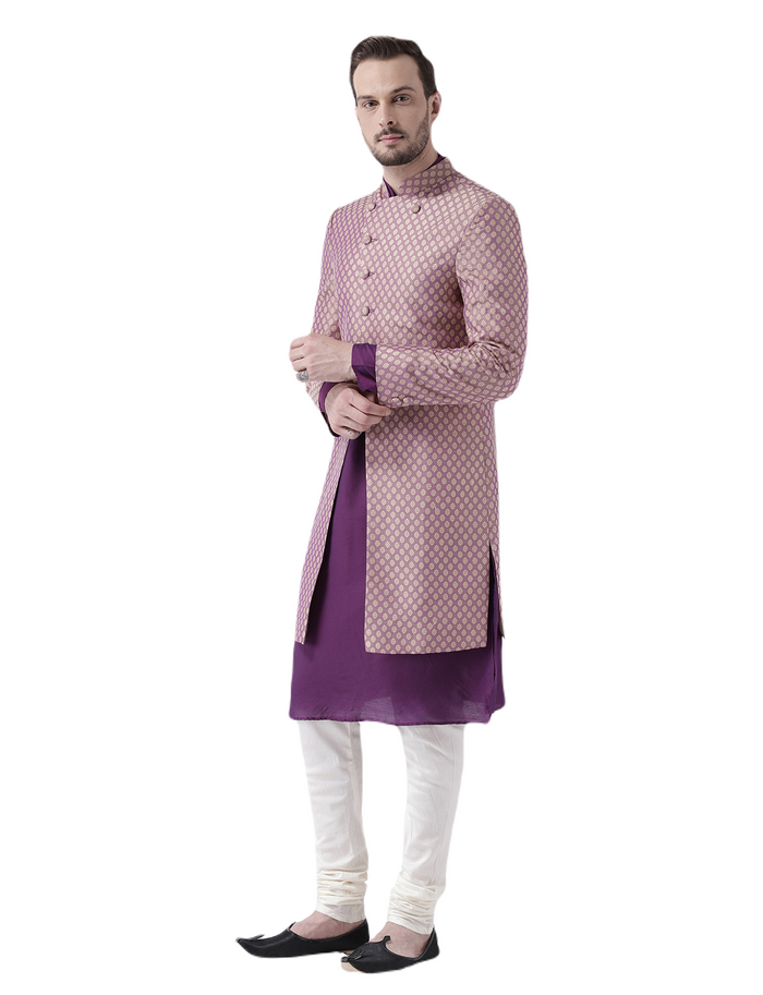 Men's Purple Indowestern Set With Kurta and Churidar