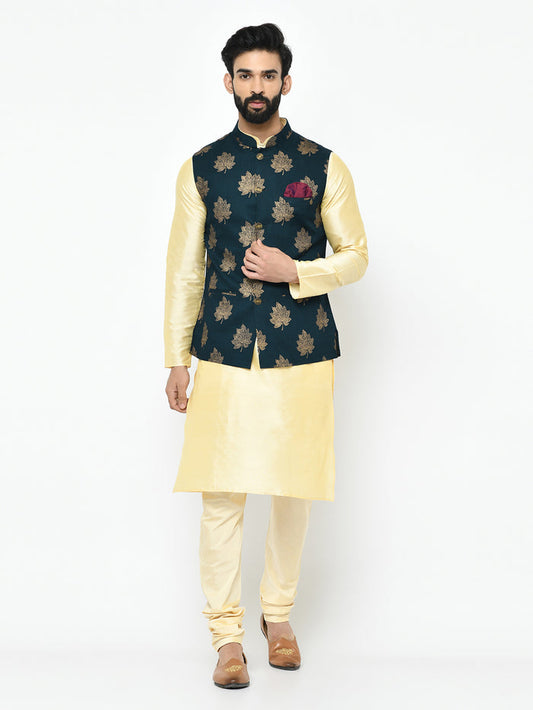 Men's Teal Green Kurta Jacket Pyjama Set