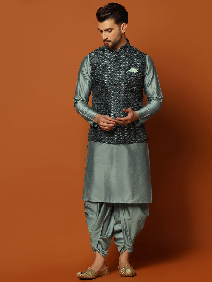 Men's Teal Kurta Jacket Dhoti Set