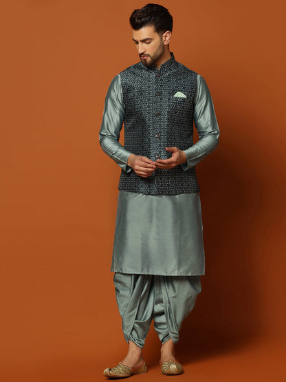 Men's Teal Kurta Jacket Dhoti Set