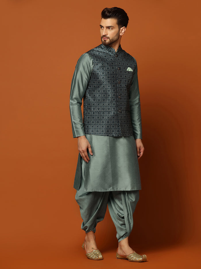 Men's Teal Kurta Jacket Dhoti Set