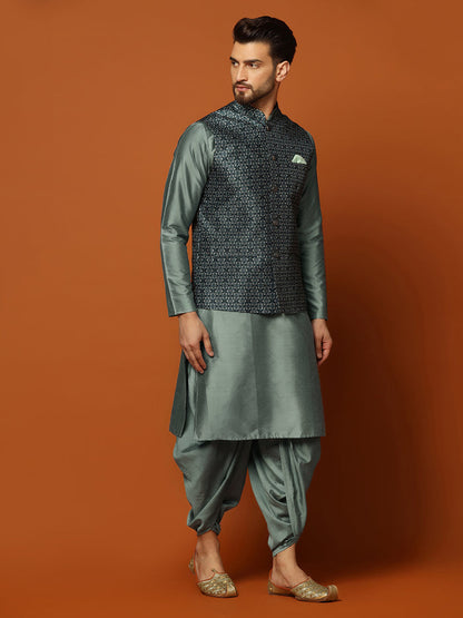 Men's Teal Kurta Jacket Dhoti Set