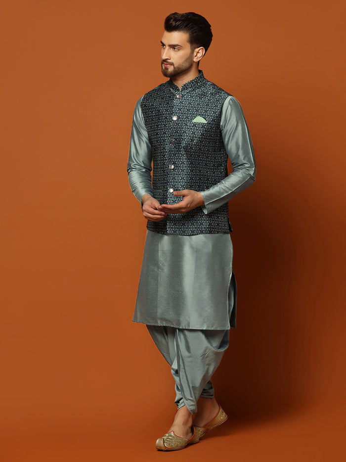 Men's Teal Kurta Jacket Dhoti Set