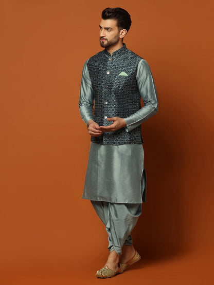 Men's Teal Kurta Jacket Dhoti Set