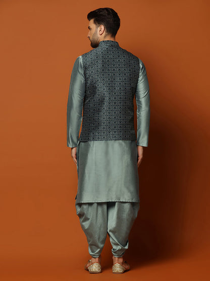 Men's Teal Kurta Jacket Dhoti Set