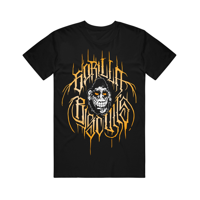 A black Gorilla Biscuits T-shirt with a graphic of a grinning gorilla skull and yellow and white gothic text reading Gorilla Ghouls over and around the skull.