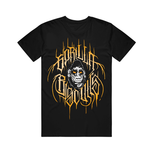 A black Gorilla Biscuits T-shirt with a graphic of a grinning gorilla skull and yellow and white gothic text reading Gorilla Ghouls over and around the skull.