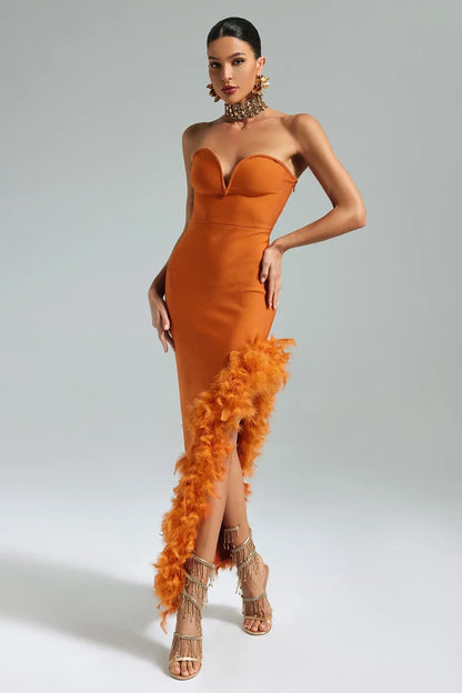 Milan Feather-Trim Strapless Midi Dress