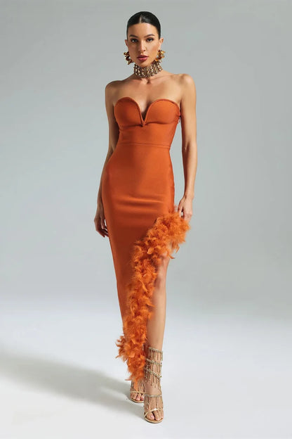 Milan Feather-Trim Strapless Midi Dress