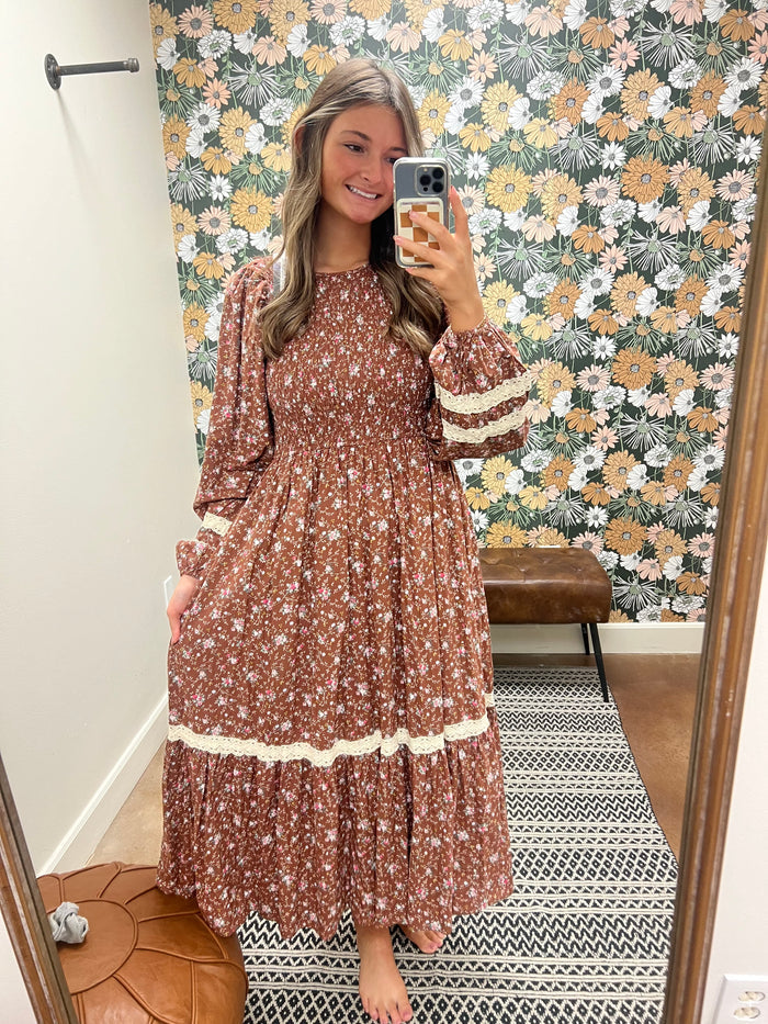 Mocha Smocked Floral Maxi