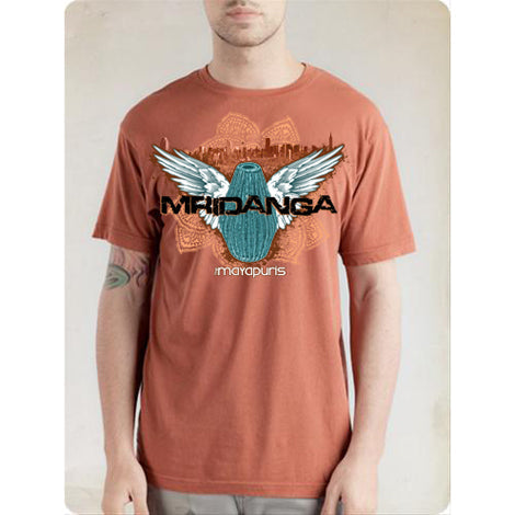 Someone wearing a rust-colored Mayapuris t-shirt featuring a blue mridanga drum with white wings, MRIDANGA in bold letters, and mayapuris written below.