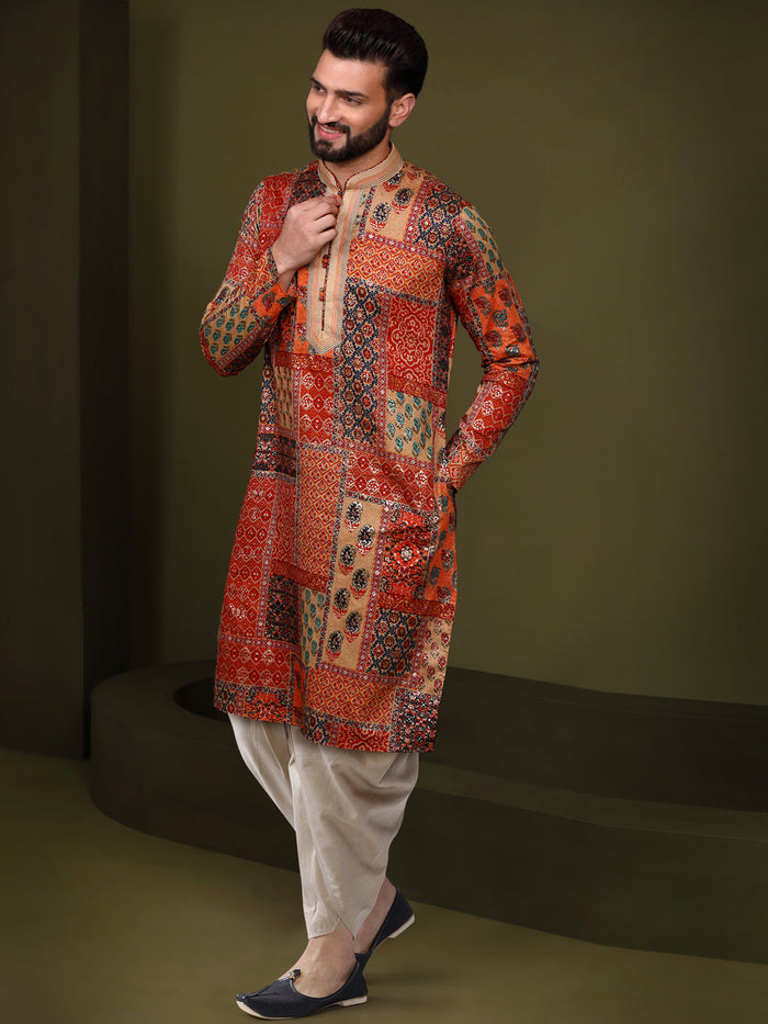 Multi Color Silk Blend Printed Kurta Dhoti