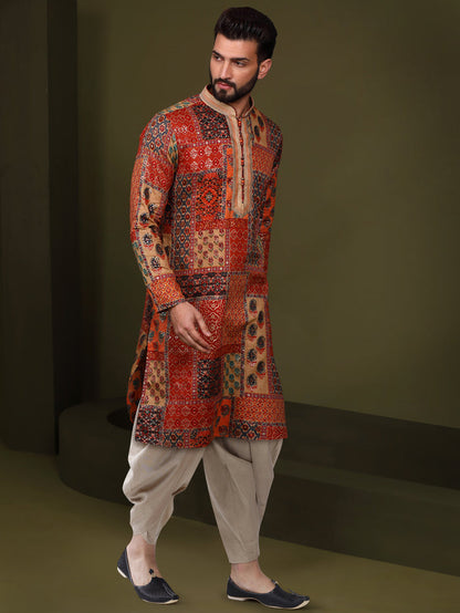 Multi Color Silk Blend Printed Kurta Dhoti