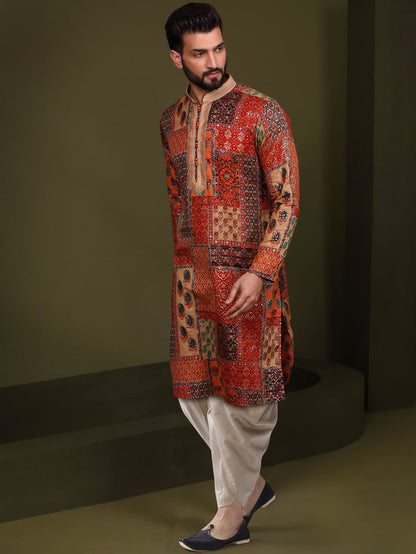 Multi Color Silk Blend Printed Kurta Dhoti