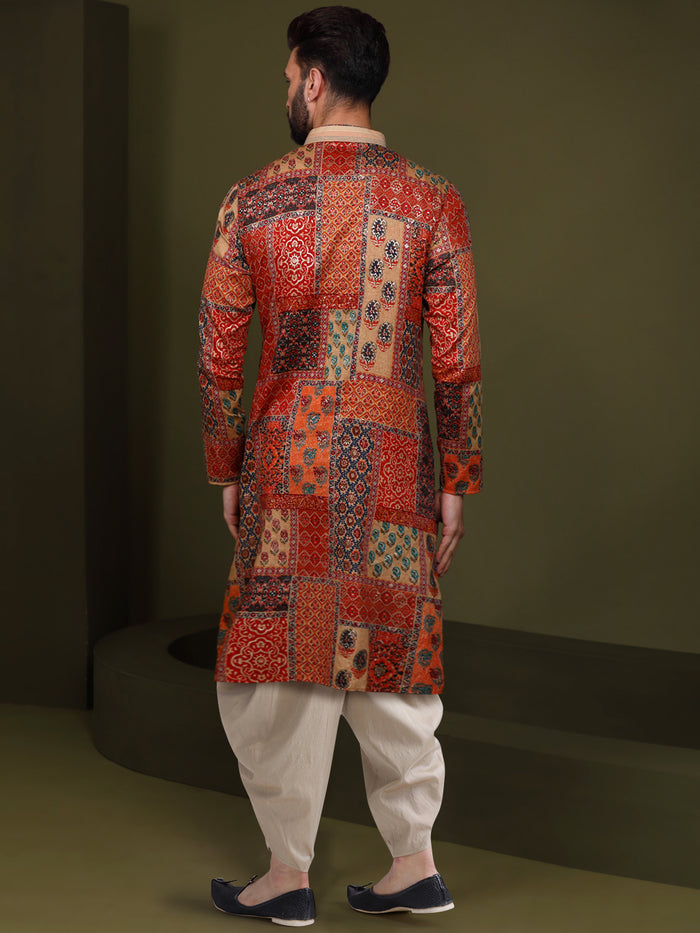 Multi Color Silk Blend Printed Kurta Dhoti