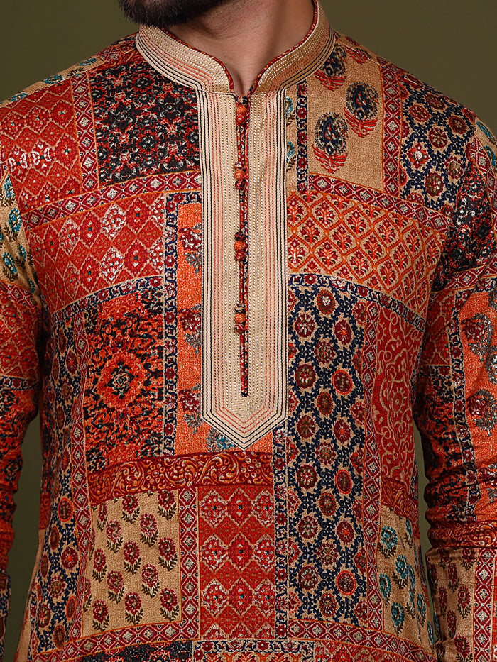Multi Color Silk Blend Printed Kurta Dhoti