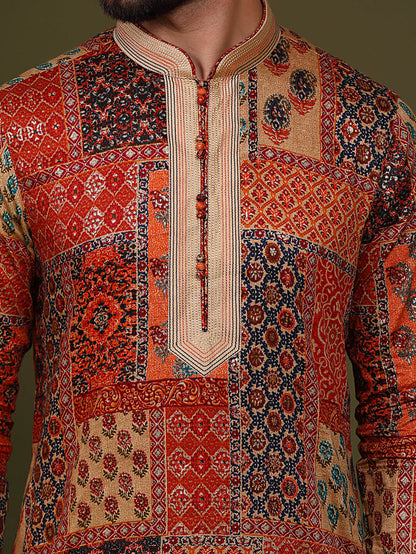 Multi Color Silk Blend Printed Kurta Dhoti