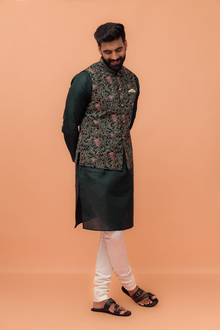 Multi Colour Printed Jacket Kurta Churidar Set