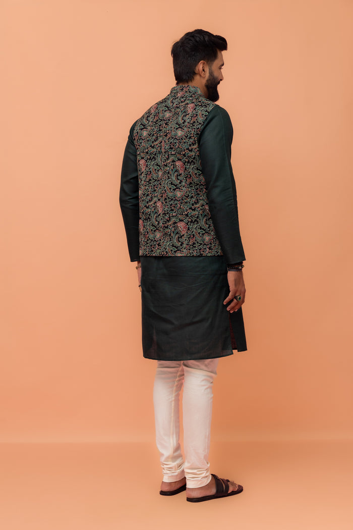 Multi Colour Printed Jacket Kurta Churidar Set