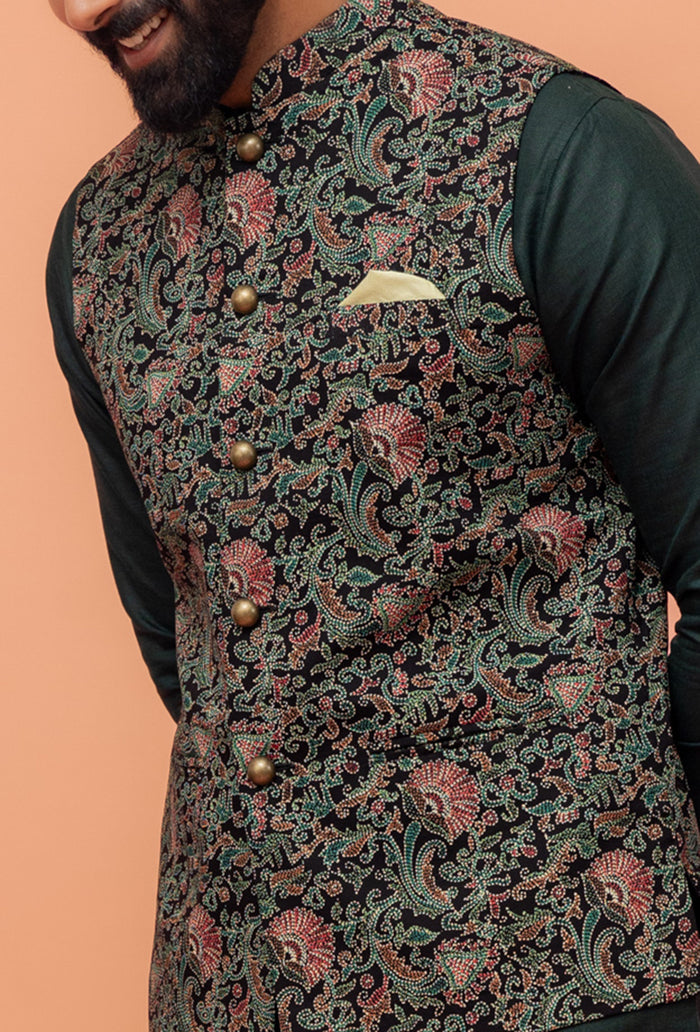 Multi Colour Printed Jacket Kurta Churidar Set