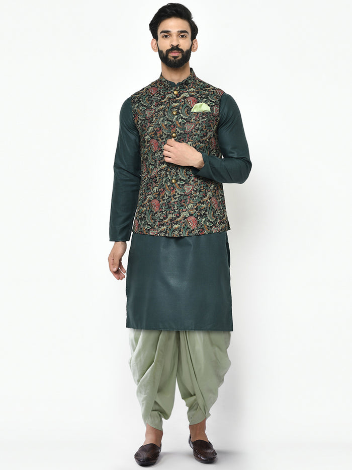 Multi-Coloured Cotton Silk Printed Nehru Jacket Kurta Dhoti