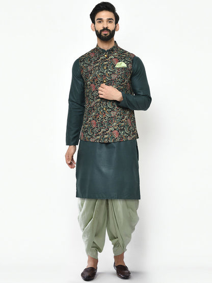 Multi-Coloured Cotton Silk Printed Nehru Jacket Kurta Dhoti