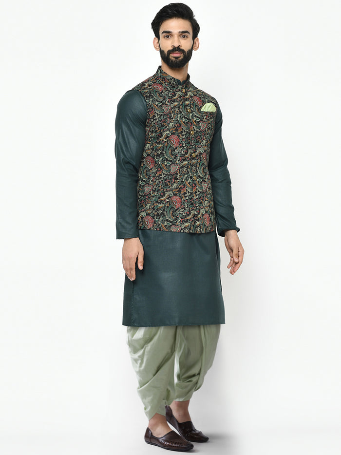 Multi-Coloured Cotton Silk Printed Nehru Jacket Kurta Dhoti