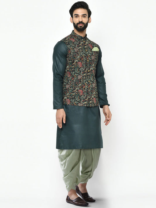 Multi-Coloured Cotton Silk Printed Nehru Jacket Kurta Dhoti