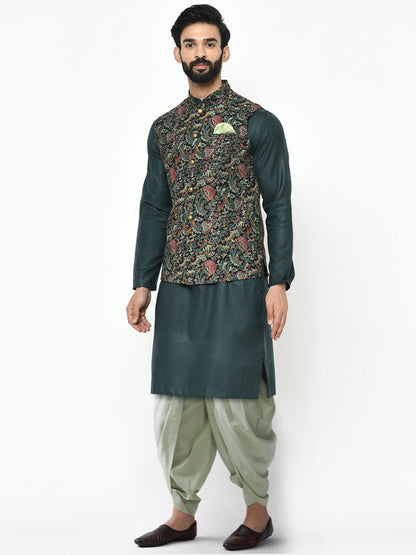 Multi-Coloured Cotton Silk Printed Nehru Jacket Kurta Dhoti