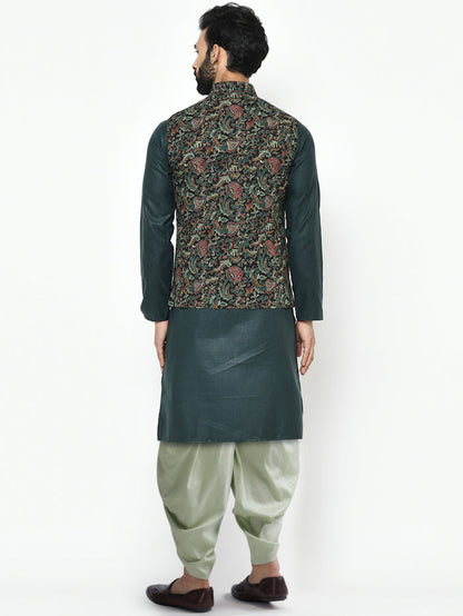 Multi-Coloured Cotton Silk Printed Nehru Jacket Kurta Dhoti