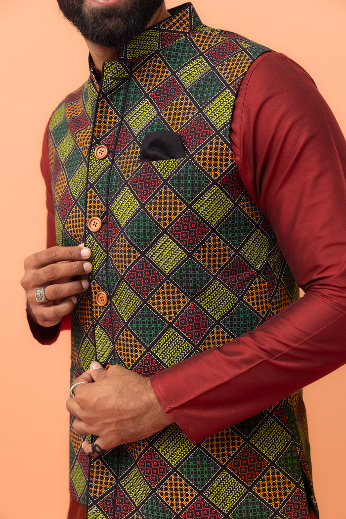 Multicolor Geometric Printed Nehru Jacket
