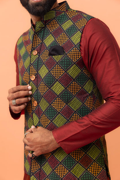 Multicolor Geometric Printed Nehru Jacket