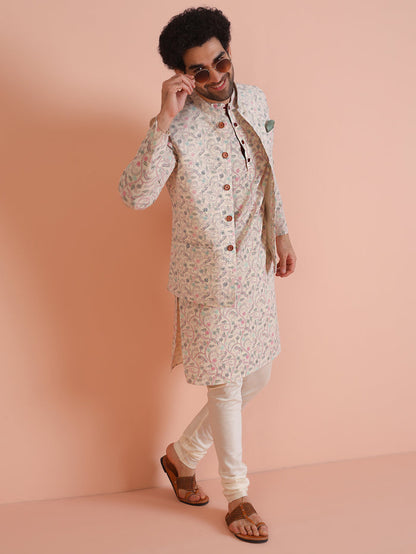 Multicolor Printed Nehru Jacket Kurta Churidar Set