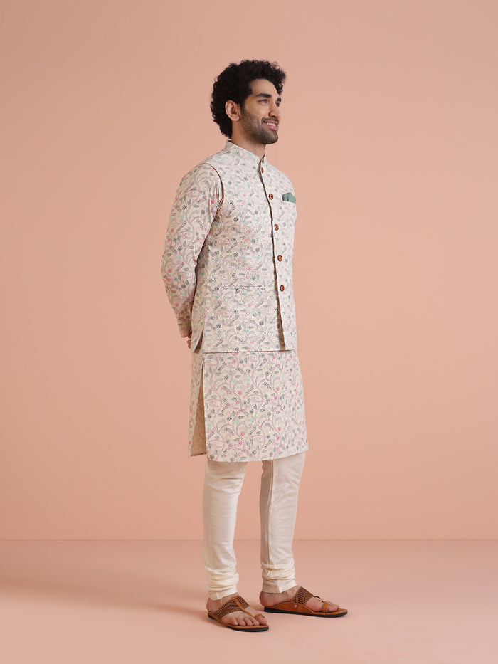 Multicolor Printed Nehru Jacket Kurta Churidar Set
