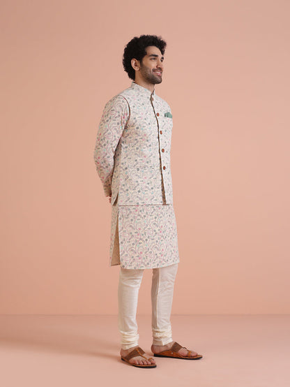 Multicolor Printed Nehru Jacket Kurta Churidar Set
